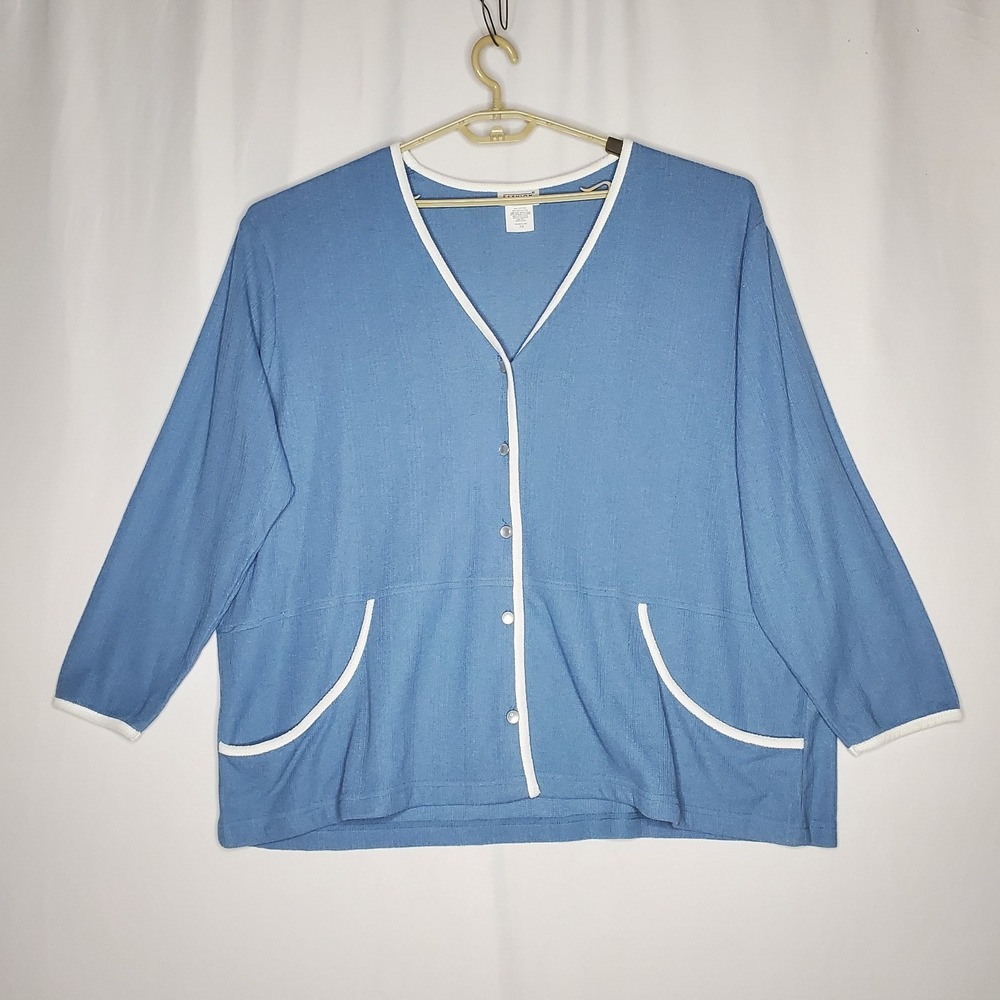 Fashion Formulas Vtg 60s Knit Pant Top Set Womens 3X Blue Textured Button Pocket
